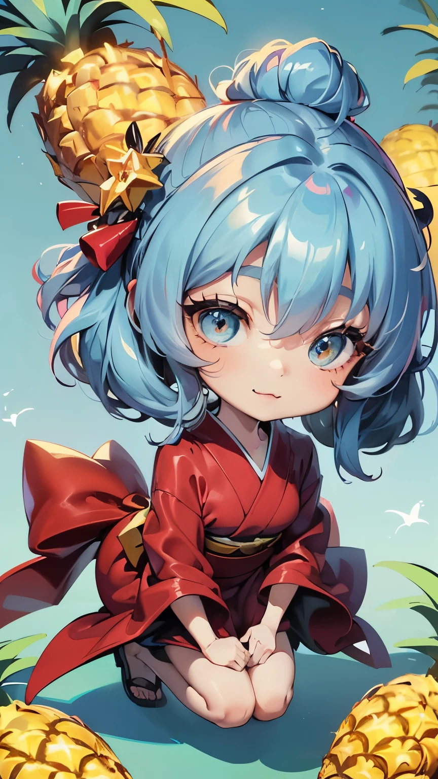 ((style:Colored pencil,pale colour)),(Chibi animation、One Chibi、masterpiece、Colored pencilで描かれた:1.2)、(Chibi Body、Small face、Cute all over、Light blue hair color, Short chignon hair:1.4),(Highly detailed eyes、Golden Eyes、Breast enlargement、Gloss Lip、 :3, Ahoge, Very thin legs)、(Big fresh pineapple:1.5)、(noble、The best clothes for chibi characters、Red yukata、Dress stylishly:1.5),(The wind is blowing、Hold your knees、Pineapple Wallpaper、Holding a pineapple、Highly detailed art gems:1.4)