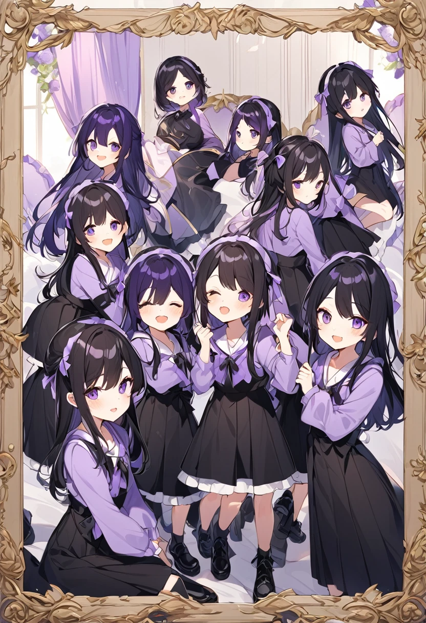 Keito。Purple hoodie。Black Skirt。Purple Eyes。Black Hair。Black shoes下。Black shoes。six sisters。They both have lavender hair。all female。Sextuplets。Purple bed