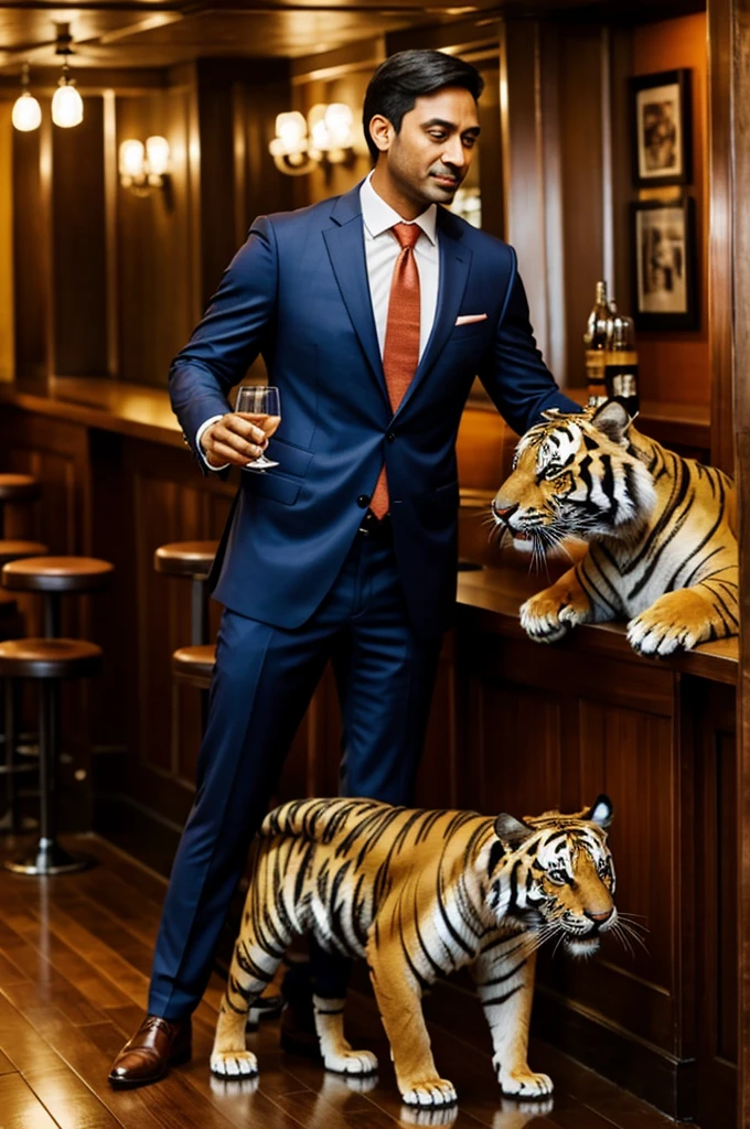 A bengal tiger in a suit in a bar greeting a tanuki in a suit
