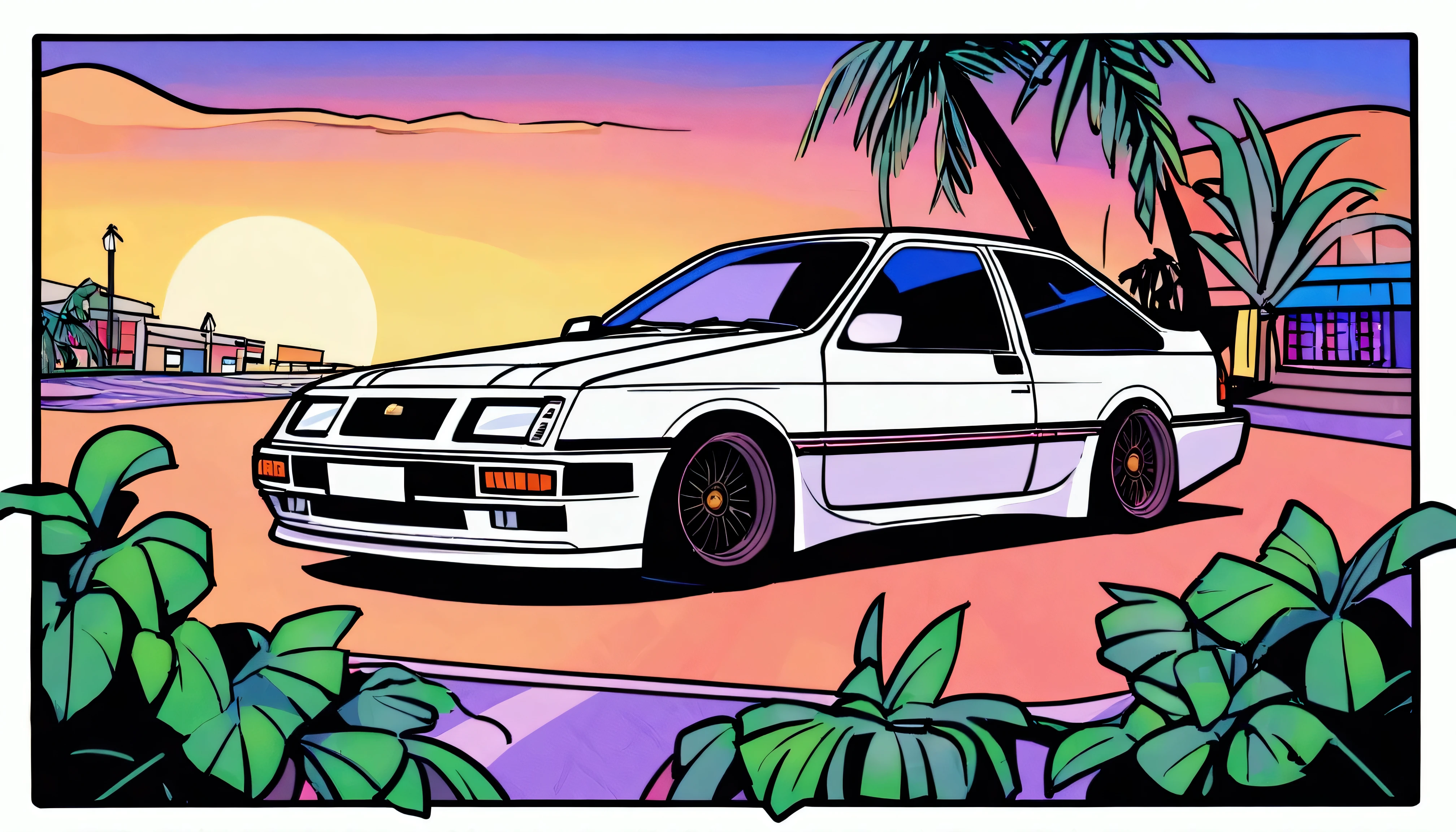 ((Sticker design)), Ford Sierra RS Cosworth(1985), Sunset background, Palm tree, Layers with 5 colors, Corner Street, Belek&#39;s Drums, Plethean, 