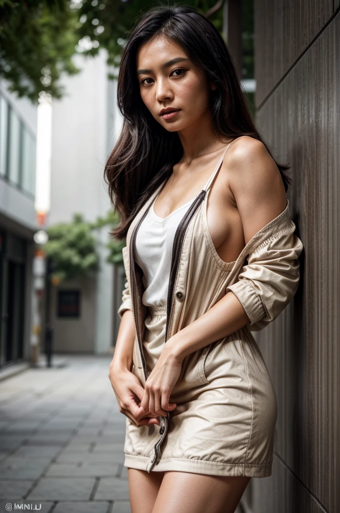 [[((young attractive Singaporean woman with strong Chinese Asian influence, a brown tanned complexion, long straight dark black hair, striking almond-shaped dark brown eyes, a  frame, and a stylish pose:1.6)), ((Sophie Tan:1.5)), standing against a building wall, wearing ((a white smocked mini dress with a beige jacket loosely hanging off her shoulders:1.6)). She is striking a chic pose with one hand on her hip and the other arm hanging naturally. She is wearing black ankle boots. The background features a modern urban setting with a minimalistic design. The scene is captured with a ((full-frame DSLR:1.4)) using a ((85mm prime lens:1.4)) to keep Sophie in sharp focus while slightly blurring the background. Professional lighting enhances her natural features and the neutral tones of the setting. The image should be in ((8K resolution:1.5)) with ((hyper-realistic detail:1.6)). The focus is on Sophie’s fashionable streetwear, her casual pose, and the sleek urban background.]]

