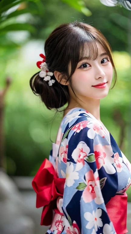 （8k、High resolution、High resolution、Fine details）Beautiful eyelashes、High resolutionの顔、Zoom out、18-year-old、 Beautiful attention to detail、Random Cute Hairstyles、C cup breasts、yukata、Summer festival、Japan、Standing posture、whole body、Beautiful hip line