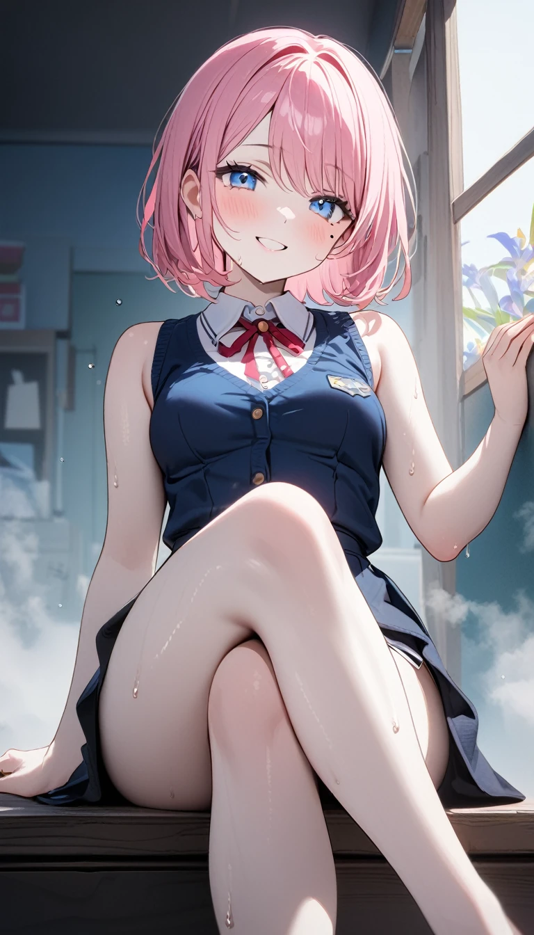 (1 girl),(Best Picture Quality, 8K, Masterpiece:1.3), (high school student:1.5), ((pink lob hair:1.1)), (bob cut),(swept bangs), (cute eyes, pupil black, iris skyblue, youthful face), (mole under right eye), (standard weight), (small breasts), (glistening skin:1.1),(pale skin:1.2),((foot up)),((sleeveless shirt)),(Smile),(sweat),((fog skin:1.1)),(sitting, crossed legs)