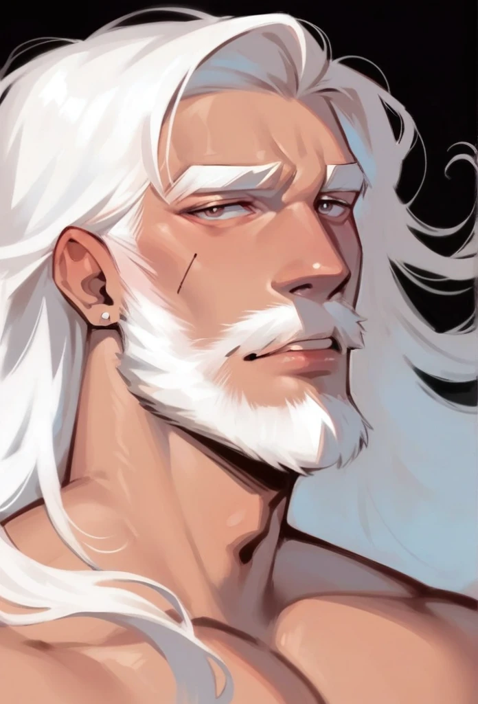 1boy, ju1ch3, half body, white long hair, beard, sexy, dark black background