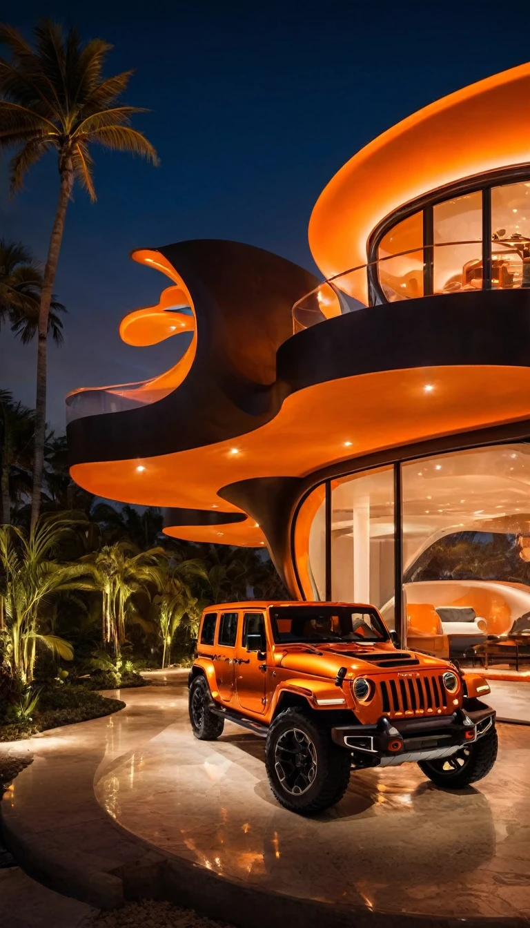 a futuristic house with an orange jeep wrangler parked in front of it, cgsocietywlop, beautiful curves, intricate devilish designs, qualia, interesting shapes & form, wow factor, elaborate polished, architectural rendering, miami, orange soft lighting in interior of house, futuristic battlefield, inspired by James E. Brewton, precise architectural rendering