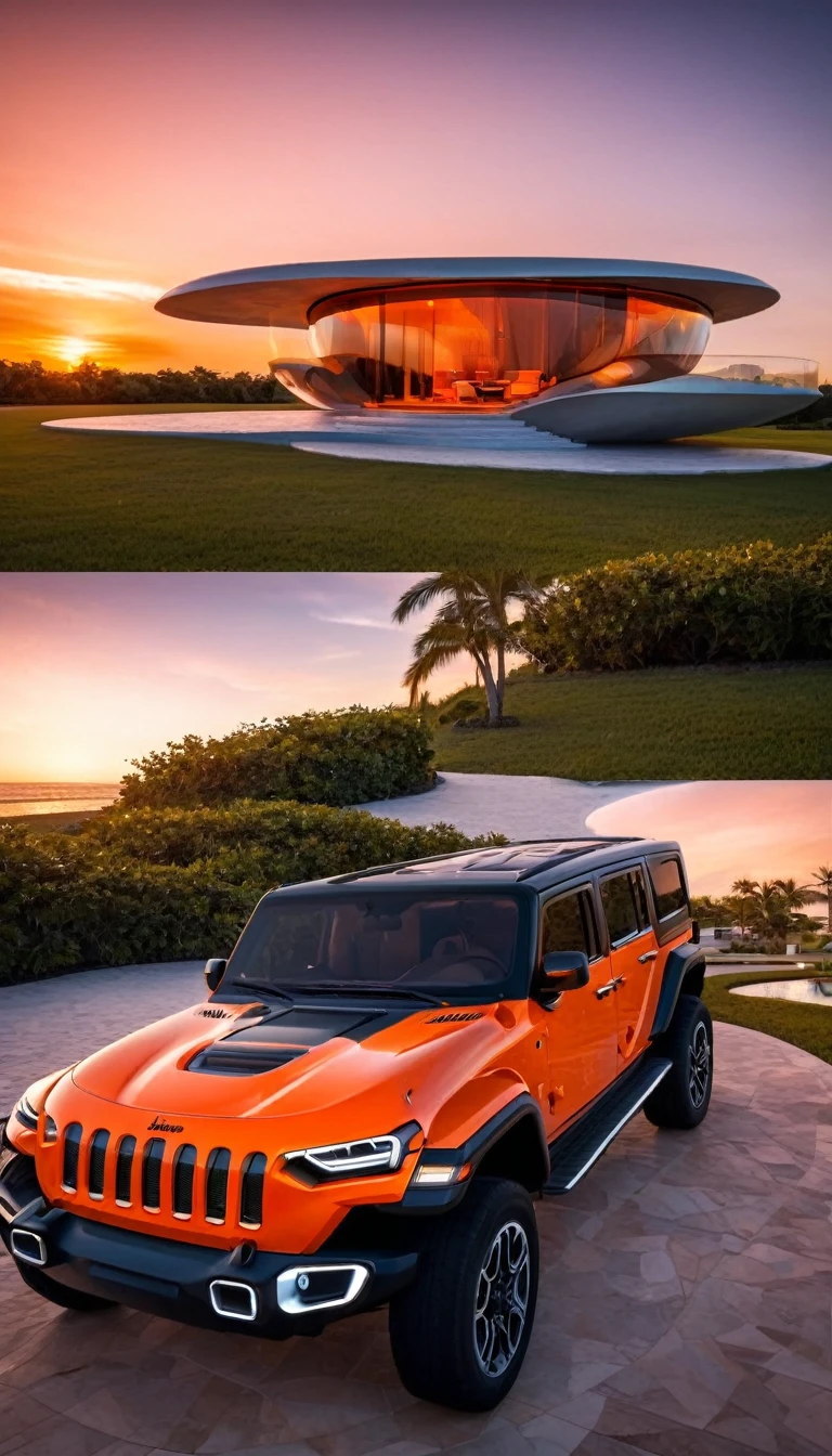 a futuristic house with an orange jeep wrangler parked in front of it, cgsocietywlop, beautiful curves, intricate devilish designs, qualia, interesting shapes & form, wow factor, elaborate polished, architectural rendering, miami, orange soft lighting in interior of house, futuristic battlefield, inspired by James E. Brewton, precise architectural rendering