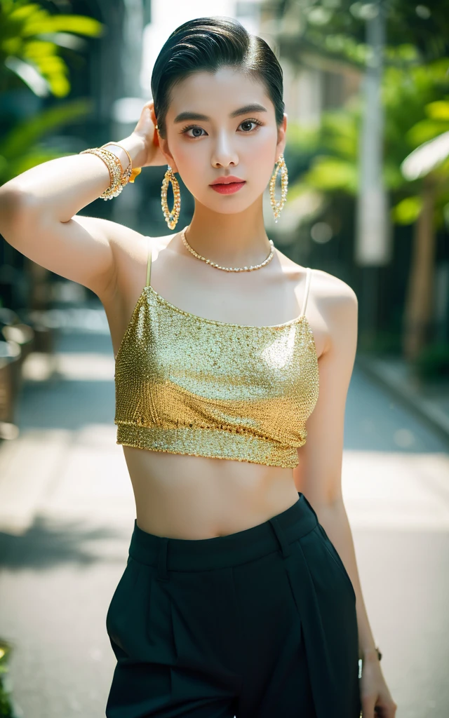 masterpiece, Highest quality, alone, 1 girl, Glowing Skin, Earrings, bracelet、Earrings、glamorous, Quirky details, Slicked back hair, attractive, Exposing shoulders, Crop top, Long trousers, Shallow depth of field, Contrasting, 21 year old professional model, Look forward, Portraiture 、high resolution、High resolution、Realistic、
