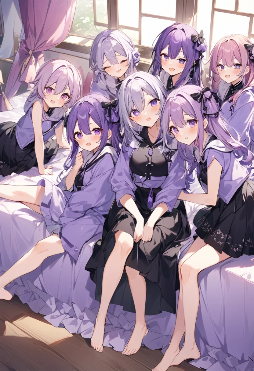 Keito。Purple hoodie。Black Skirt。Purple Eyes。barefoot。six sisters。They both have lavender hair。all female。Sextuplets。Purple bed