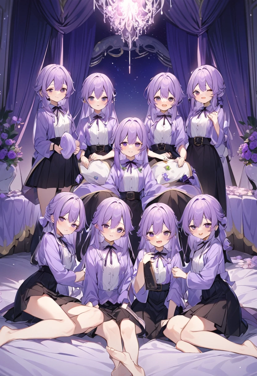 Keito。Purple hoodie。Black Skirt。Purple Eyes。barefoot。six sisters。They both have lavender hair。all female。Sextuplets。Purple bed
