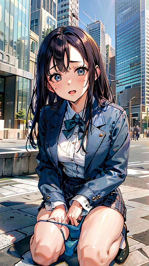 office Street,Skyscrapers in the background,blue sky,all fours,Kneel,masterpiece,quality,High resolution,高quality,Realistic,Random hairstyle,business suit,Blue jacket,White collared shirt,whole body,Forehead,Ahegao,Big eyes,Embarrassed face,Fair skin,Thighs,High heels:1.3,pantydrop:1.5