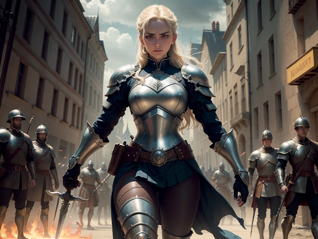 a European boys, solo, Blonde, tanned skin, cold-looking blue eyes, thin face, ripped body, wearing leather armor, leather legging, highnoon boots, carry a sword by waist and 2 pistol behind waist, masterpiece, best quality, Joan of Arc leading her army into battle, heroic, bright, moody, intense, fantasy knight, realistic shadows, high quality, ultra detailed in 4k, 8k, high resolution, sharp focus, depth of field, faded, (neutral colors:1.2), (hdr:1.4), (muted colors:1.2), hyperdetailed, (artstation:1.4), cinematic, warm lights, dramatic light, (intricate details:1.1), complex background, (rutkowski:0.66), (teal and orange:0.4)", steampunk battle city background, monster in a battlefield of blood and fire. As he fought, the bodies of his enemies piled up around her, but he remained untouched, his figure growing larger and more majestic with each passing moment. Finally, after defeating the entire army alone, the general stood victorious, his sword still raised high. His bravery and triumph filled the battlefield with a sense of solemn grandeur. hdr, (photorealism, masterpiece quality, best quality). masterpiece, best quality, Joan of Arc leading her army into battle, heroic, bright, moody, intense