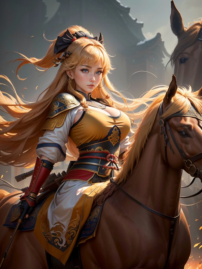 a close up of a woman with a bow and a bow on a horse, mongol, guan yu, genghis khan, inspired by Hu Zaobin, chinese warrior, zhao yun, photo of genghis khan, bian lian, inspired by Wu Bin, inspired by Huang Shen, inspired by Cao Zhibai, feng shu, chinese three kingdoms, yang qi, Highly detailed CG unit 8k wallpaper, masterpiece, High resolution, highest quality, highest quality real texture skin, Super Real, Digital Painting, Best image quality, 最High resolution, 8k, (((Highly detailed eyes and face, Beautiful eyes every detail))), profile, light brown hair,  disproportionate breasts, huge breasts, sagging breasts, gigantic breasts, erect nipple, underboobs,
