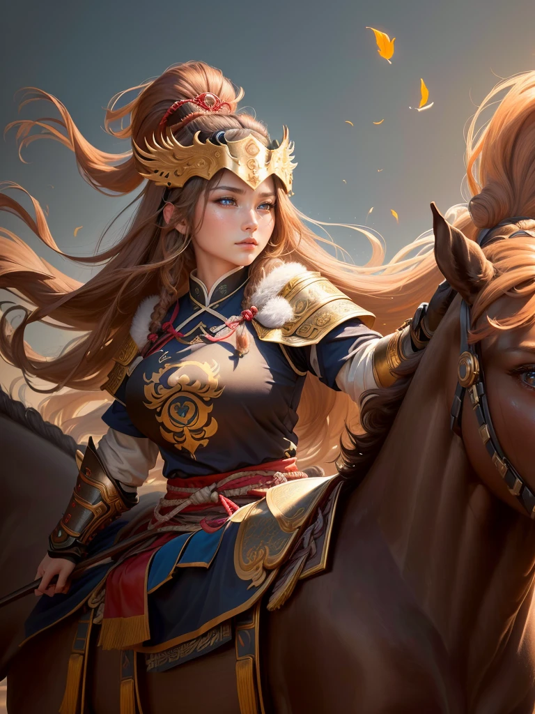 a close up of a woman with a bow and a bow on a horse, ol, guan yu, genghis khan, inspired by Hu Zaobin, chinese warrior, zhao yun, photo of genghis khan, bian lian, inspired by Wu Bin, inspired by Huang Shen, inspired by Cao Zhibai, feng shu, chinese three kingdoms, yang qi, Highly detailed CG unit 8k wallpaper, masterpiece, High resolution, highest quality, highest quality real texture skin, Super Real, Digital Painting, Best image quality, 最High resolution, 8k, (((Highly detailed eyes and face, Beautiful eyes every detail))), profile, light brown hair, disproportionate breage breasts, sareasts, gigantic , erect nipple, uns,