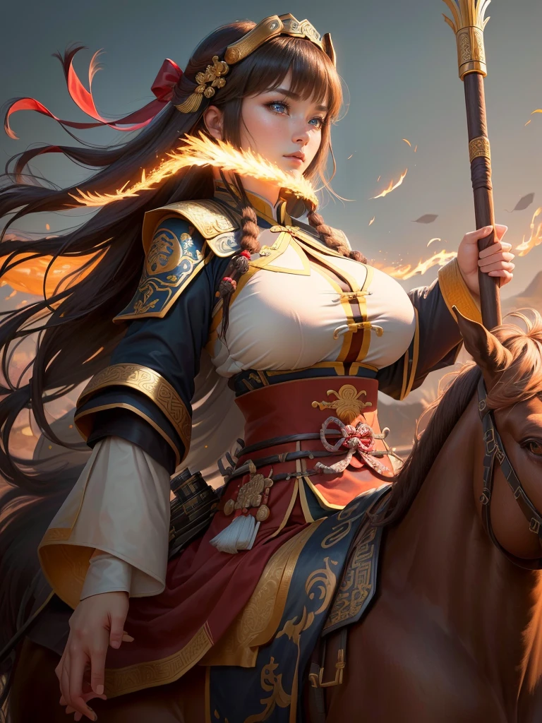 a close up of a woman with a bow and a bow on a horse, mongol, guan yu, genghis khan, inspired by Hu Zaobin, chinese warrior, zhao yun, photo of genghis khan, bian lian, inspired by Wu Bin, inspired by Huang Shen, inspired by Cao Zhibai, feng shu, chinese three kingdoms, yang qi, Highly detailed CG unit 8k wallpaper, masterpiece, High resolution, highest quality, highest quality real texture skin, Super Real, Digital Painting, Best image quality, 最High resolution, 8k, (((Highly detailed eyes and face, Beautiful eyes every detail))), profile, light brown hair, disproportionate breasts, huge breasts, sagging breasts, gigantic breasts, erect nipple, underboobs,