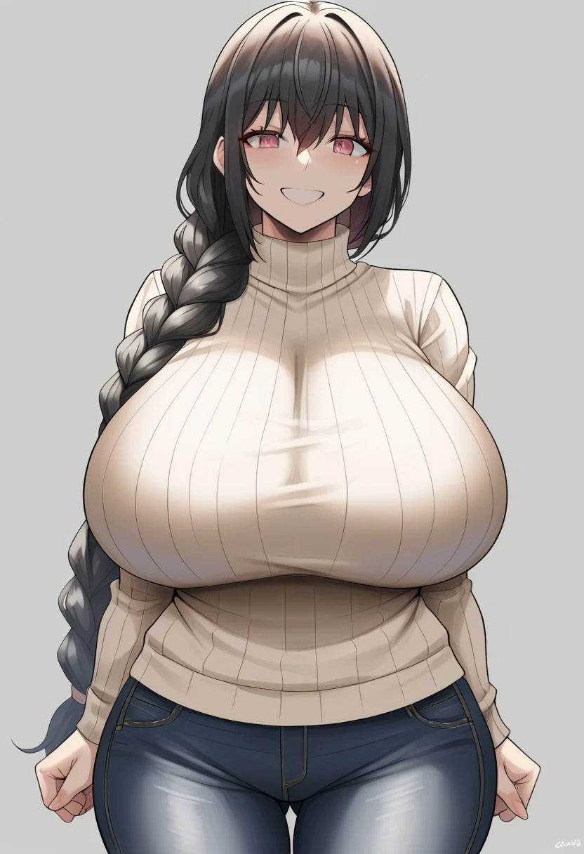 score_9, score_8_up, score_7_up, 1girl, black hair, pink eyes, long hair, braided ponytail, bangs, sidelocks, pale skin, huge breasts, wide hips, open-chest sweater, ribbed sweater, jeans, smile, unaestheticXL_bp5, aidxlv05_neg, (SuperQuality:1.2), (negative_v2 Color_Balance_Calibration:0.8)
