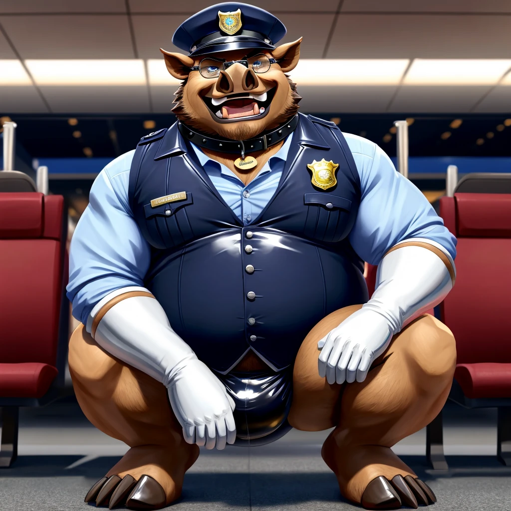 Solo, Male, fat, squatting, extremely obese, gentleman, dapper Rhinoceros, pooping in diaper, blue eyes, (soft shading), 4k, hi res, ((detailed face, detailed)), looking at viewer, evil grin, Airport, TSA, TSA Uniform, collared shirt with buttons, hat, male focus, Police Uniform, glasses, monocle, vest with buttons, sleeves rolled up, round eyewear, headwear, vest, Rhinoceros is wearing a glossy leather dog collar around the neck, Rhinoceros is wearing the leather collar and shirt and vest at the same time, Rhinoceros is wearing glossy white rubber gloves on the hands, wearing white rubber gloves on the feet, gloves are rubber in texture, mouth wide open, evil laugh, clenching fists, leather collar is glossy and shiny with a lot of detail, Rhinoceros is wearing gloves and leather collar at the same time, leather collar has a round dog-tag, leather collar is thick and detailed, white rubber gloves on the feet, Rhinoceros is wearing gloves and leather collar at the same time, leather collar has a round dog-tag, leather collar is thick and detailed, leather collar is glossy and shiny, fancy clothing, dapper vest, dapper shirt, leather collar is thick, glossy leather collar, Rhinoceros is wearing a dirty diaper