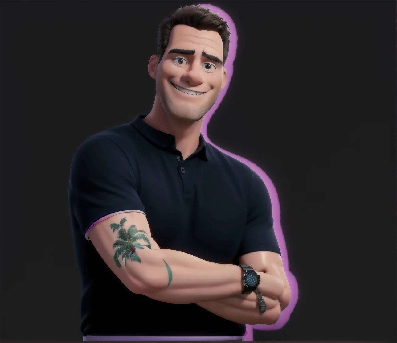Smiling man with arms crossed. business man, bonitas. He has a wristwatch and a tattoo of a palm tree between his biceps and elbow.. 