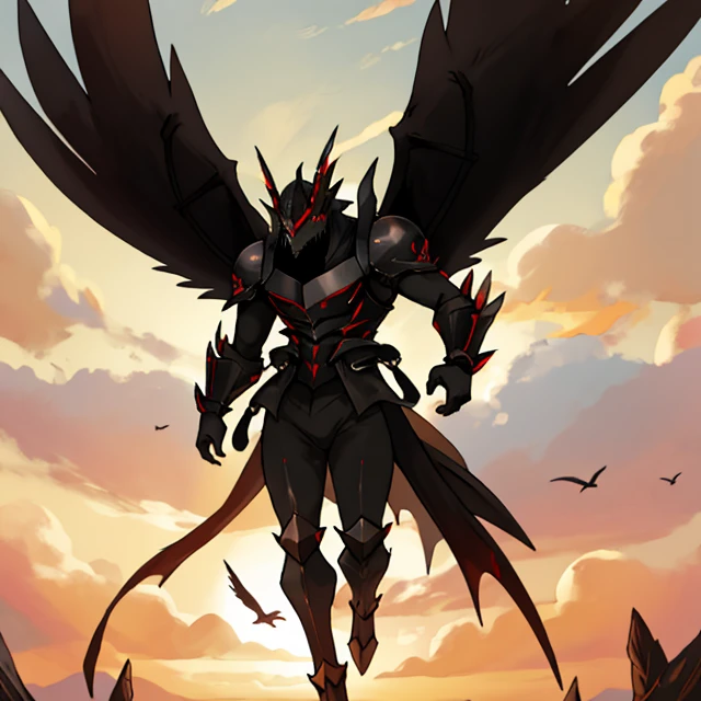 Black dragon with black wings ,He's a giant, he is flying in front of the sunset, he has a light look 