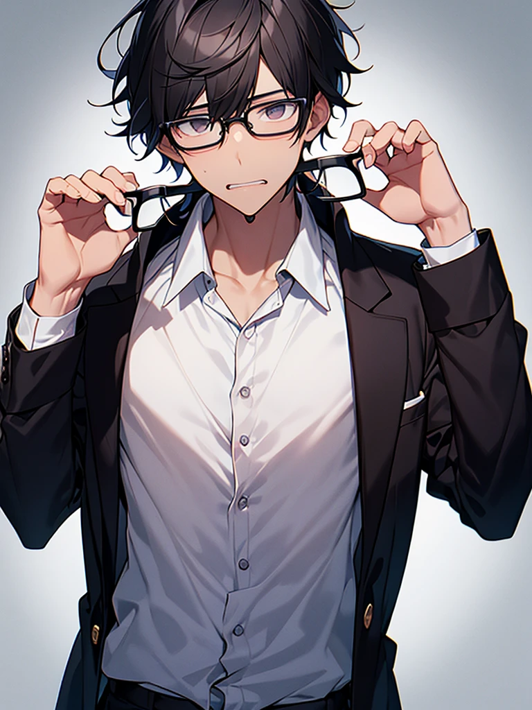 Black-haired, nerdy young man, white shirt, jacket, dark background, dumbfounded face, wrinkles on brow, glasses