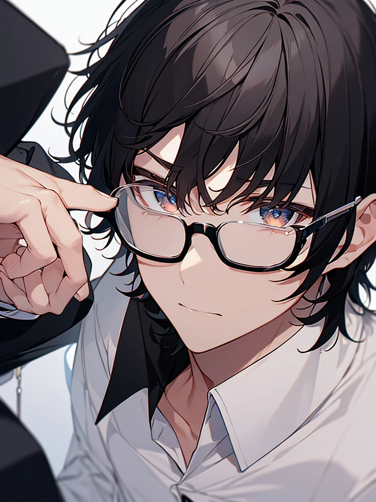 Black-haired, nerdy young man, white shirt, jacket, dark background, dumbfounded face, wrinkles on brow, glasses