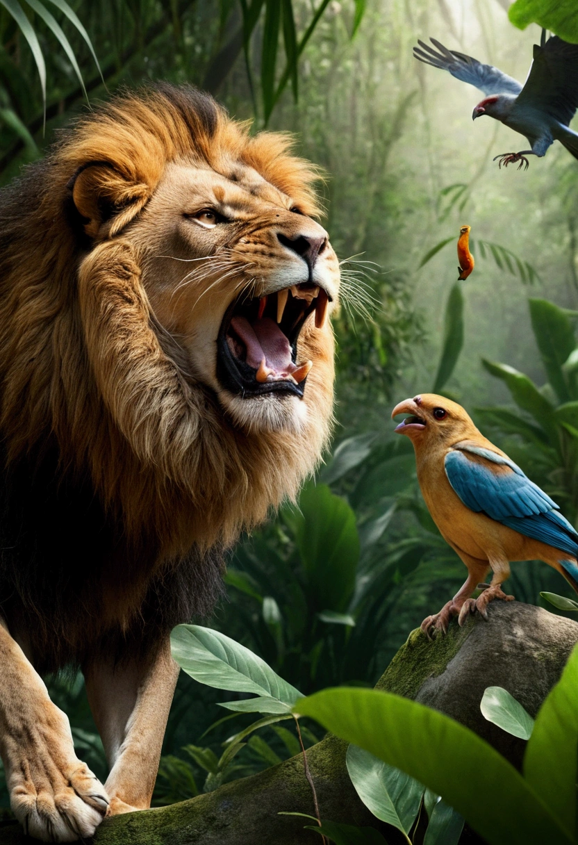 A lion scaring a bird in a jungle 
