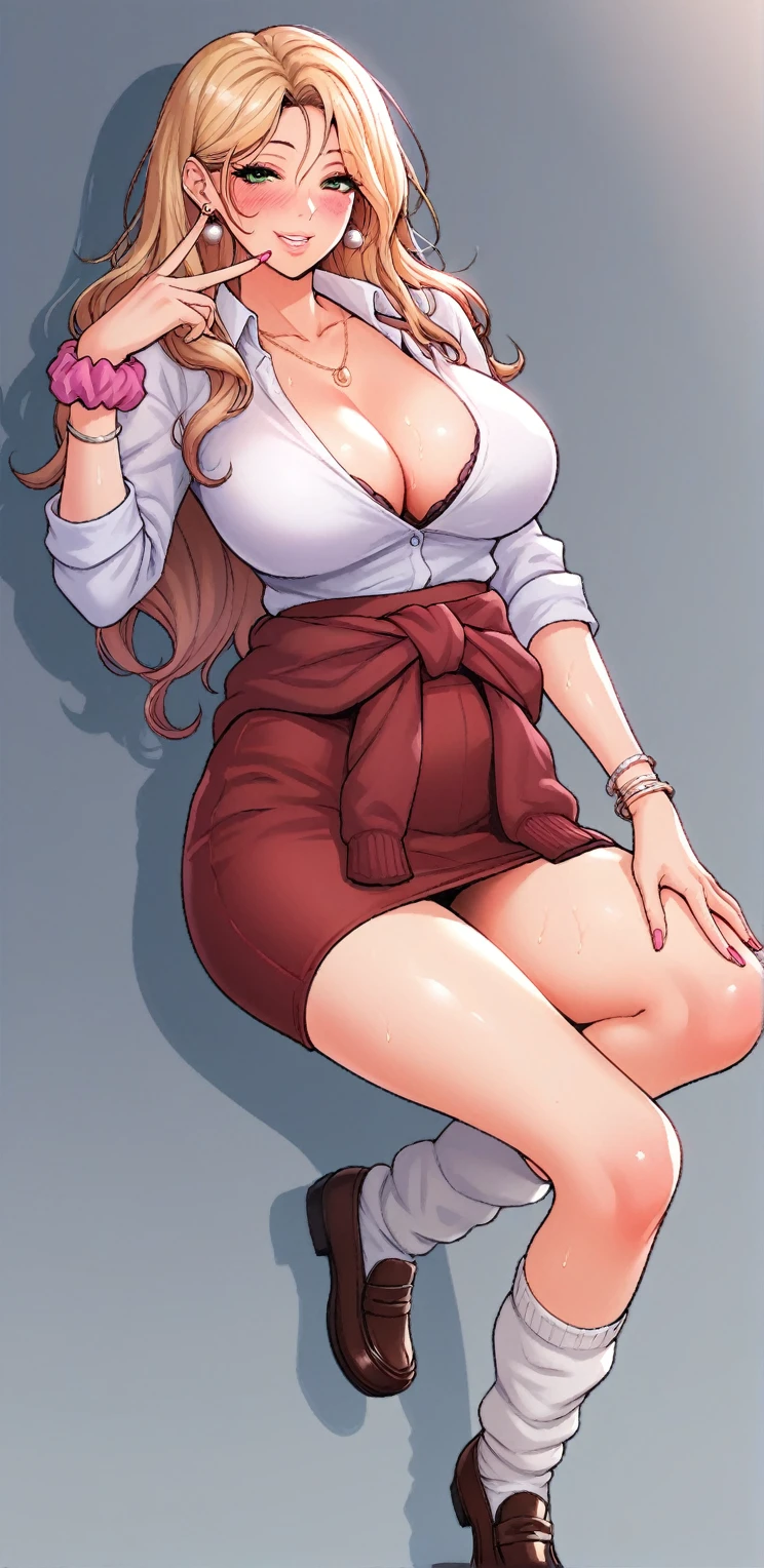 score_9, score_8_up, score_7_up, score_6_up, score_5_up, score_4_up, yu hee, green eyes, Blonde hair, long hair, large large breasts,Big breasts, mature woman, 1girl, long_hair, blush, sweat, purple_eyes, brown_hair, lips, purple_hair, solo, gyaru, 1girl, kogal, loose_socks, solo, jewelry, clothes_around_waist, breasts, wrist_scrunchie, sweater_around_waist, skirt, large_breasts, necklace, school_uniform, smile, looking_at_viewer, cleavage, scrunchie, socks, hand_on_hip, long_hair, earrings, bracelet, shoes, loafers, v, nail_polish, sweater,black_skirt,