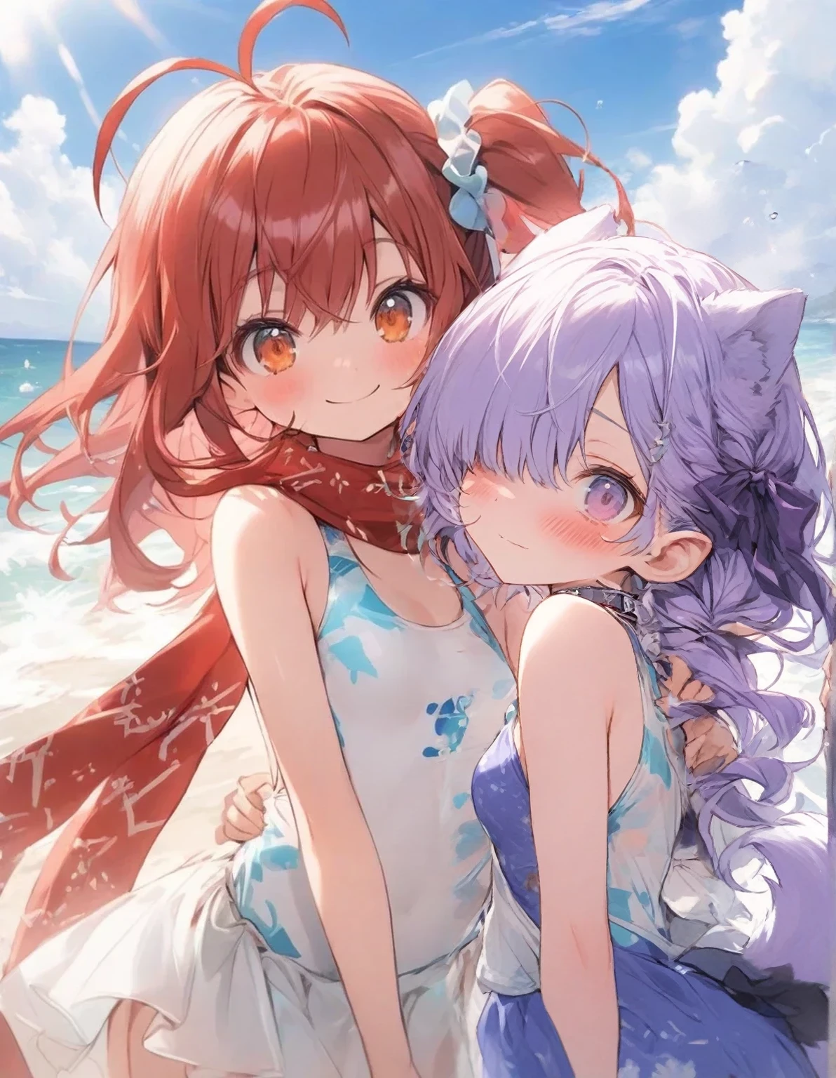 purple ribbon,,,heart_brooch,{masterpiece), best quality, illustration, (1girl), , expressionless,,, (small breasts:1.5).rib, flat chest, ,,(purple hair:1.25),,bags_under_eyes,, (hair over one eye:1.25),,, , jimiko, (long hair:1.5),big hair, {{shaded face}},, , {shaded face}, ,1girl, wince,,, darkness, dog ears,dog tail, collar,purple swimsuit,pareo,,blush,