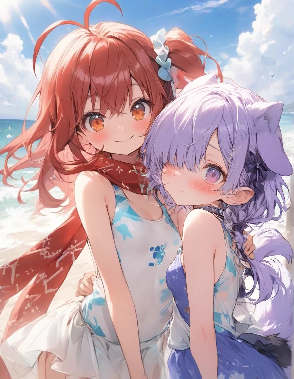 Girl with red hair, long ponytail, blue eyes, wearing a lace bikini with blue bow, beach hat with flowers, red flip-flops and shell necklace, accompanied by a cat girl with short purple hair, double ponytail, black eye tail, wearing a purple lacy micro-bikini with a bow, fluffy lace and pink flip-flops with a beach hat with flowers with a bow bottom of a paradisiacal beach with seagulls from mountain boats flying in the rough sea between rocks smiling hugging each other on a sunny day
