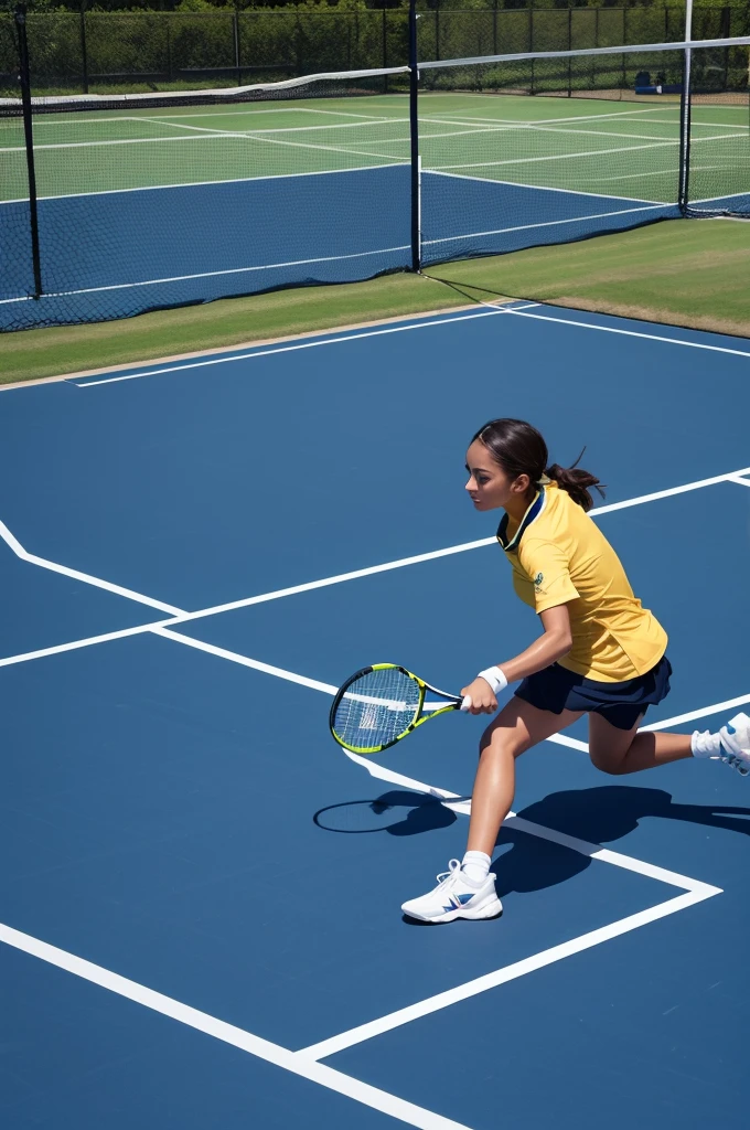 Create a tennis court with gold and dark blue colors 