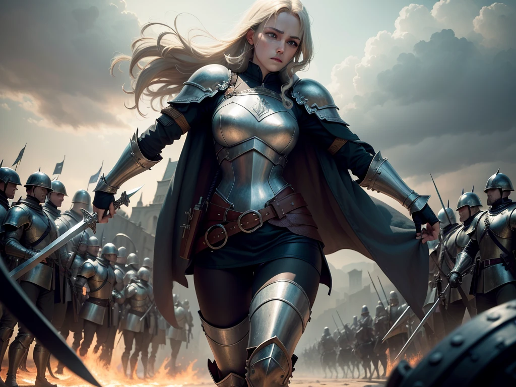 a European girls, solo, Blonde, tanned skin, cold-looking blue eyes, thin face, ripped body, wearing leather armor, leather legging, highnoon boots, carry a sword by waist and 2 pistol behind waist, masterpiece, best quality, Joan of Arc leading her army into battle, heroic, bright, moody, intense, fantasy knight, realistic shadows, high quality, ultra detailed in 4k, 8k, high resolution, sharp focus, depth of field, faded, (neutral colors:1.2), (hdr:1.4), (muted colors:1.2), hyperdetailed, (artstation:1.4), cinematic, warm lights, dramatic light, (intricate details:1.1), complex background, (rutkowski:0.66), (teal and orange:0.4)", steampunk battle city background, monster in a battlefield of blood and fire. As he fought, the bodies of his enemies piled up around her, but he remained untouched, his figure growing larger and more majestic with each passing moment. Finally, after defeating the entire army alone, the general stood victorious, his sword still raised high. His bravery and triumph filled the battlefield with a sense of solemn grandeur. hdr, (photorealism, masterpiece quality, best quality). masterpiece, best quality, Joan of Arc leading her army into battle, heroic, bright, moody, intense