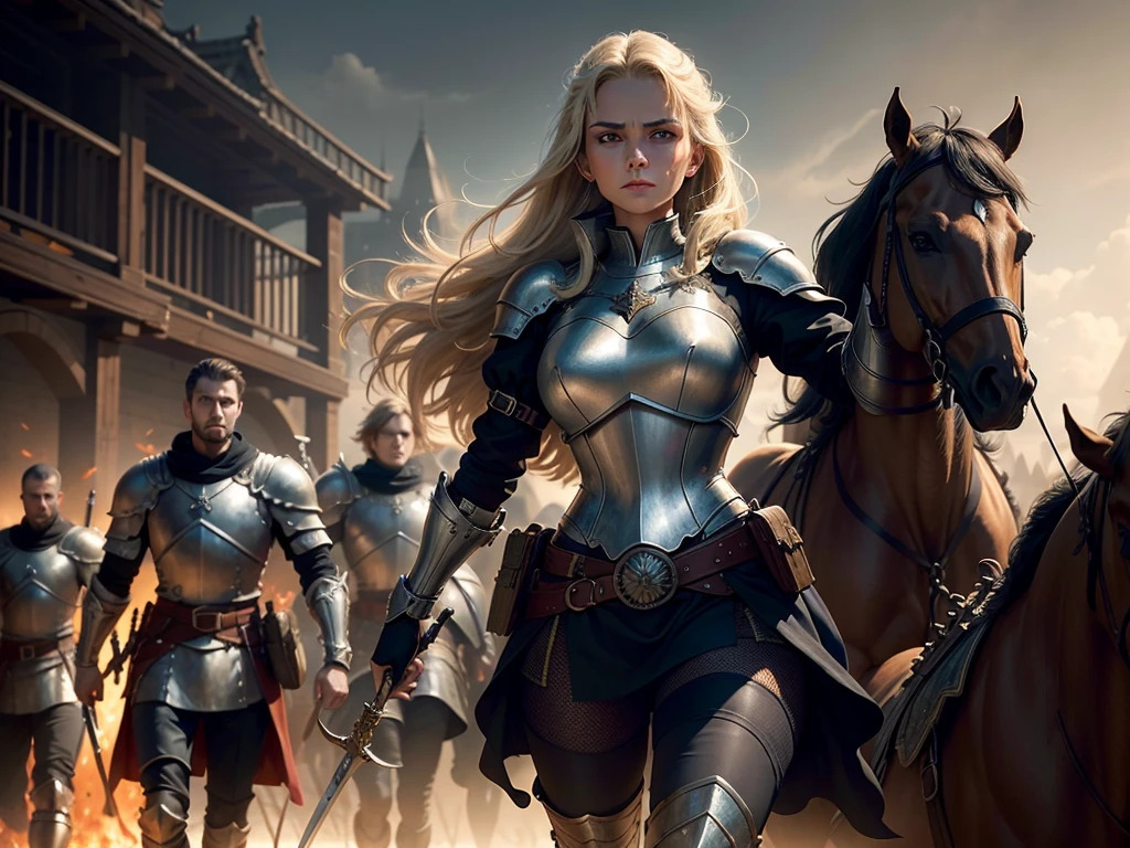 a European girls, solo, Blonde, tanned skin, cold-looking blue eyes, thin face, ripped body, wearing leather armor, leather legging, highnoon boots, carry a sword by waist and 2 pistol behind waist, masterpiece, best quality, Joan of Arc leading her army into battle, heroic, bright, moody, intense, fantasy knight, realistic shadows, high quality, ultra detailed in 4k, 8k, high resolution, sharp focus, depth of field, faded, (neutral colors:1.2), (hdr:1.4), (muted colors:1.2), hyperdetailed, (artstation:1.4), cinematic, warm lights, dramatic light, (intricate details:1.1), complex background, (rutkowski:0.66), (teal and orange:0.4)", steampunk battle city background, monster in a battlefield of blood and fire. As he fought, the bodies of his enemies piled up around her, but he remained untouched, his figure growing larger and more majestic with each passing moment. Finally, after defeating the entire army alone, the general stood victorious, his sword still raised high. His bravery and triumph filled the battlefield with a sense of solemn grandeur. hdr, (photorealism, masterpiece quality, best quality). masterpiece, best quality, Joan of Arc leading her army into battle, heroic, bright, moody, intense