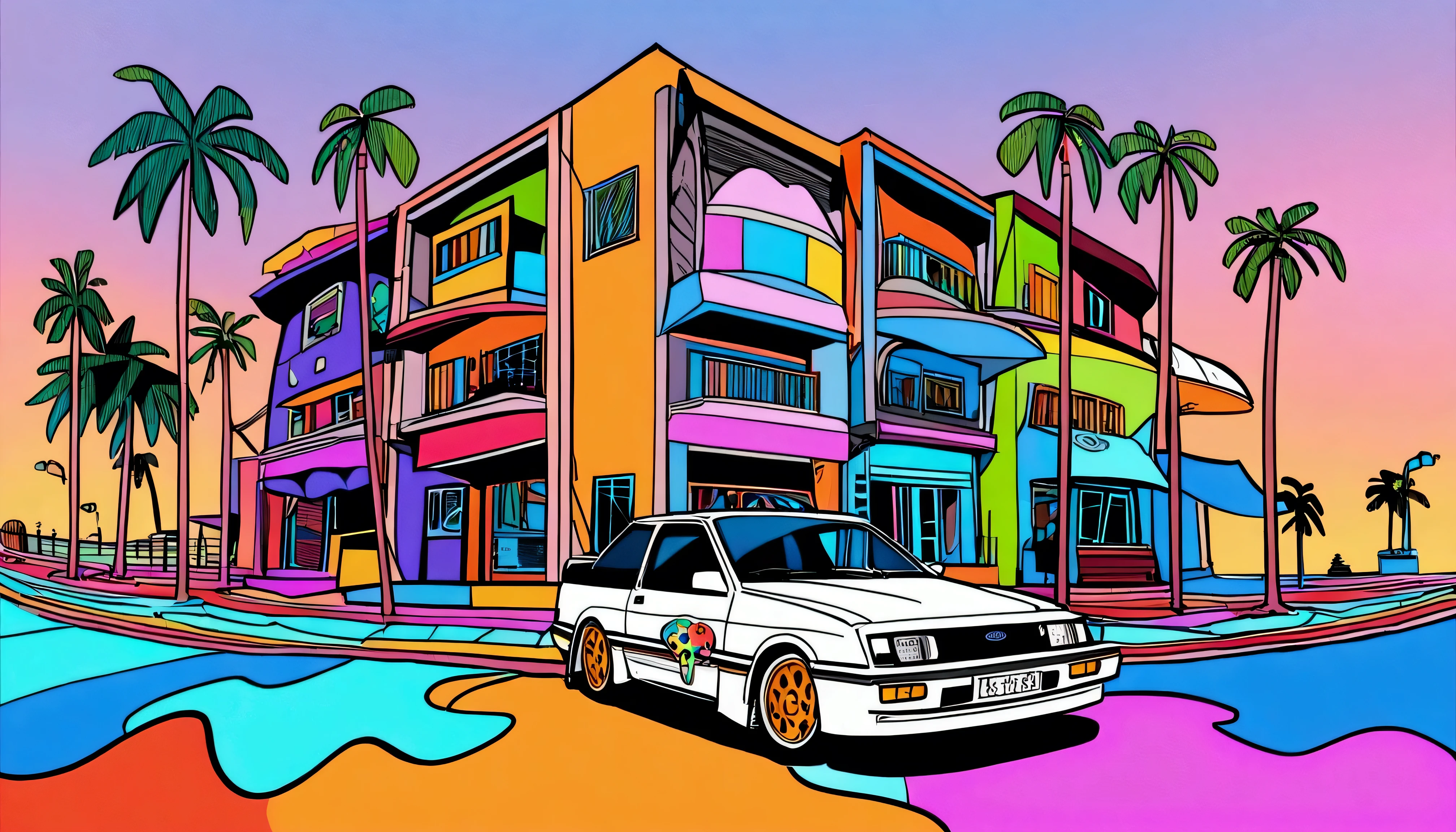 ((Sticker design)), Ford Sierra RS Cosworth(1985), Sunset background, Palm tree, Layers with 5 colors, Corner Street, Belek&#39;s Drums, Plethean, 