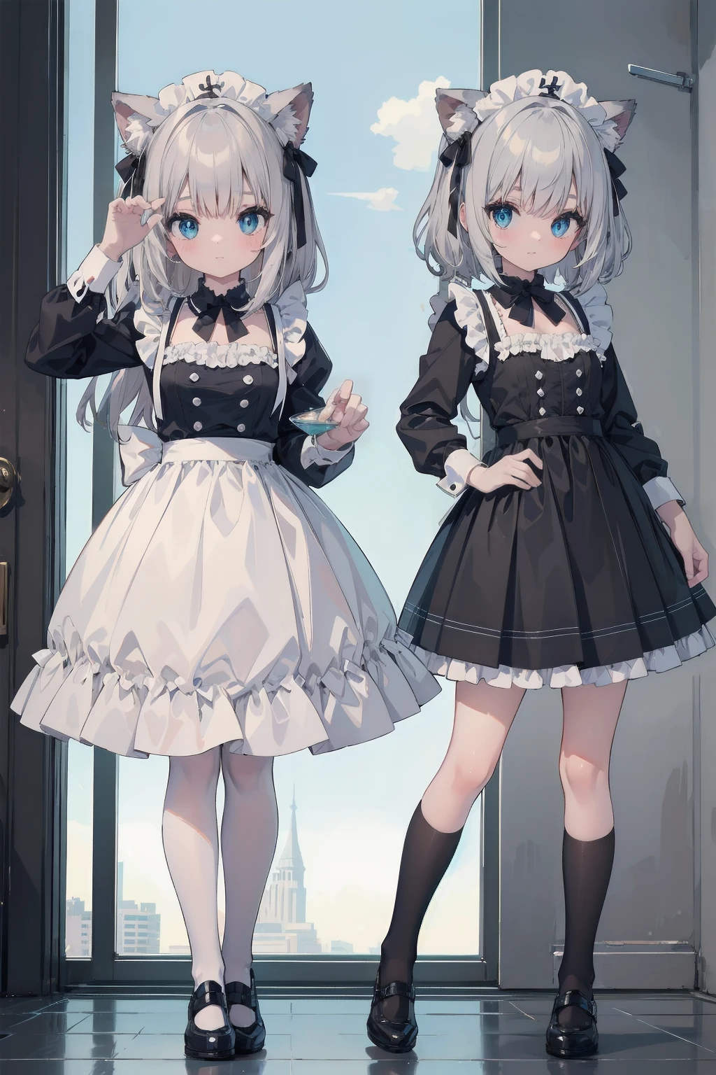(Animal ears), Light silver hair, blue eyes, French maid cosplay, Full body pose, Different facial expressions in a separate window, (masterpiece), (Highest quality), (非常にdetailedな), more_detailed:-1, more_detailed:0, more_detailed:0.5, more_detailed:1, more_detailed:1.5, Shine