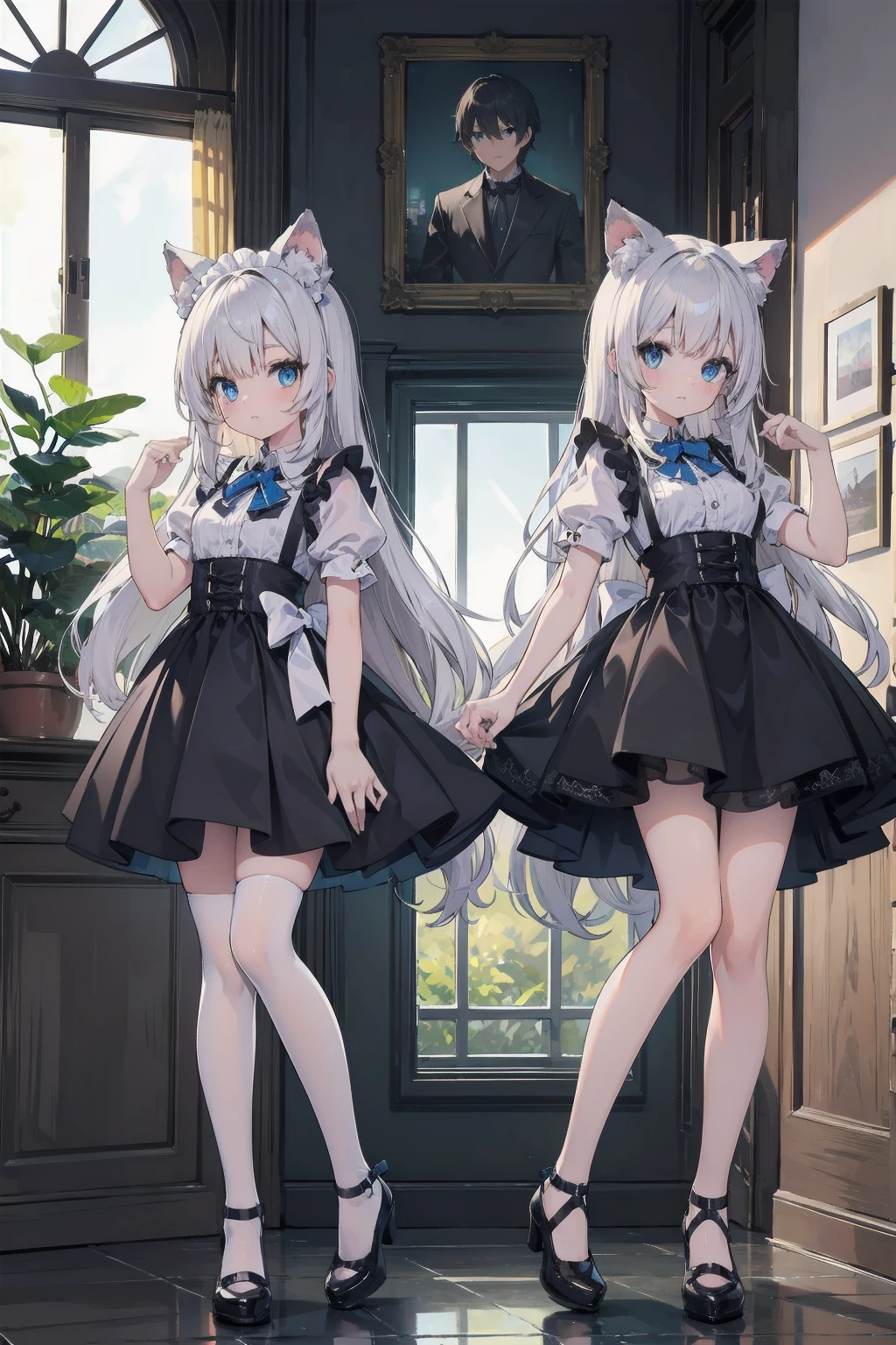 silver hair, dog ears, white dress,wavy hair,delicate features quiet gaze,beautiful half body illustration,beautiful backgraund,atmospheric lighting,sharp focus,vlumetric lighting,cute face,reduce saturation,fine detailed face,small nose and mouth,volumetric top lighting,bold line painting, soft shadow,((masterpiece, best quality)), (1girl), (solo), (female focus),small breasts,flat tits,Lolita,short height,skinny girl,blue eyes,open legs,animal ears,
