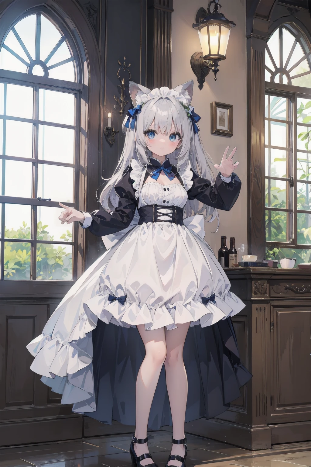 (Animal ears), Light silver hair, blue eyes, French maid cosplay, Full body pose, Different facial expressions in a separate window, (masterpiece), (Highest quality), (非常にdetailedな), more_detailed:-1, more_detailed:0, more_detailed:0.5, more_detailed:1, more_detailed:1.5, Shine