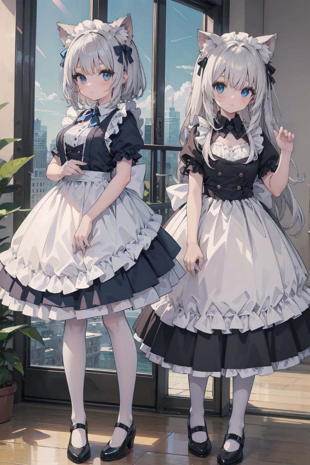 (Animal ears), Light silver hair, blue eyes, French maid cosplay, Full body pose, Different facial expressions in a separate window, (masterpiece), (Highest quality), (非常にdetailedな), more_detailed:-1, more_detailed:0, more_detailed:0.5, more_detailed:1, more_detailed:1.5, Shine