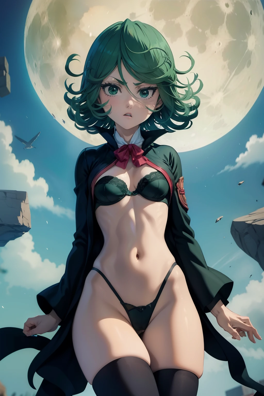 Tatsumaki ,1girl , anime , masterpiece , green color hair, jaqueta aberta open clothes ,flat chest ,no bra, pantie , long socks, angry ,sexy . Background moon .