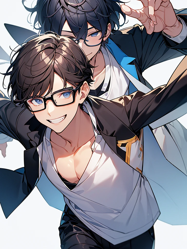 A geeky young man with dark hair, bangs swept to the right, wearing a white V-neck shirt, a navy jacket and pants, a light background, smiling, wearing glasses