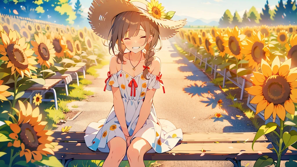 masterpiece, Highest quality, View your viewers, One girl, alone, smile, Sitting, Have, Shoulder cutouts, Braiding, dress, Brown Hair, (close your eyes:1.1), twin Braidings, blush, Long Hair, bench, Grin, Grass, white dress, jewelry, Clothing cutouts, bangs, necklace, Floral print, Blurred, hand Between the legs, Blurred background, Between the legs, bow, In-person audience, chest, Exposing shoulders, sun Have, straw Have, Day, clavicle, hair bow, Short sleeve, The legs are detached from the frame, ribbon, Brown hat, on bench, Depth of written boundary, park bench, ^_^, Hair that falls over the shoulders, Day, null, Sunflower field, petal,