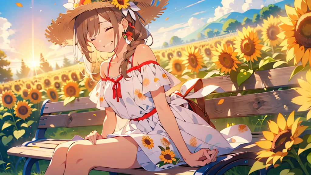 masterpiece, Highest quality, View your viewers, One girl, alone, smile, Sitting, Have, Shoulder cutouts, Braiding, dress, Brown Hair, (close your eyes:1.1), twin Braidings, blush, Long Hair, bench, Grin, Grass, white dress, jewelry, Clothing cutouts, bangs, necklace, Floral print, Blurred, hand Between the legs, Blurred background, Between the legs, bow, In-person audience, chest, Exposing shoulders, sun Have, straw Have, Day, clavicle, hair bow, Short sleeve, The legs are detached from the frame, ribbon, Brown hat, on bench, Depth of written boundary, park bench, ^_^, Hair that falls over the shoulders, Day, null, Sunflower field, petal,