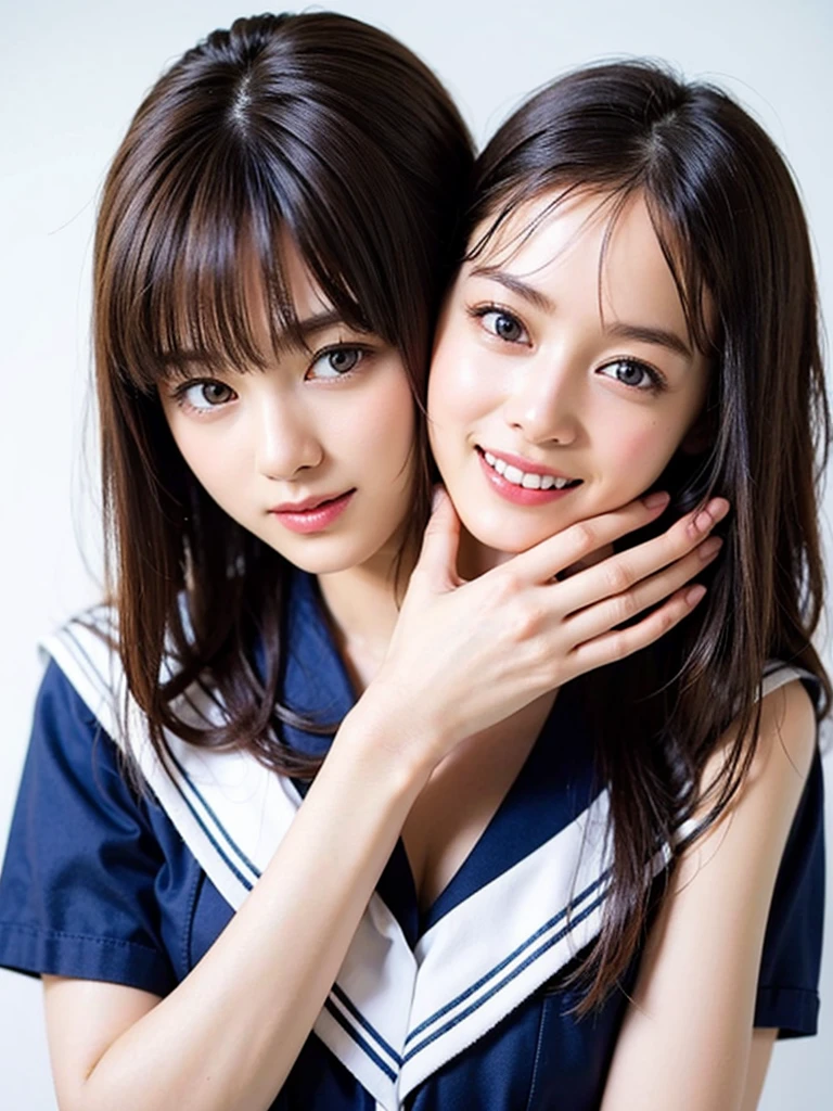 Cowboy Shot、Frame In、Pure white wall background、woman1people、high school student、Sailor suit、Short sleeve、Black pleated skirt、mini skirt、Hands on hips、smile、Brown Hair、Bob Hair、