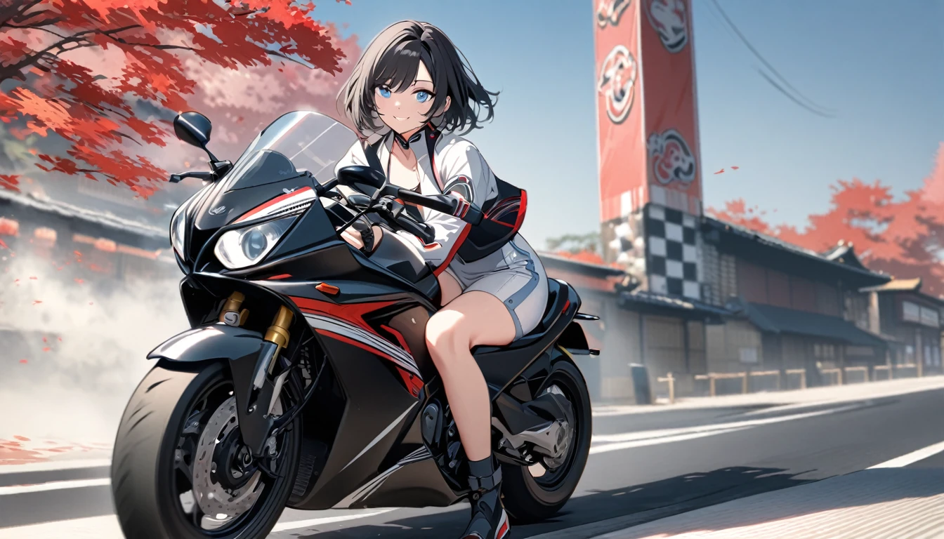 eautiful 1girl, solo, gentle smile on her face flat chest, short hair, black hair, blue eyes, Beautiful depiction, riding a white and black motorcycle in japan