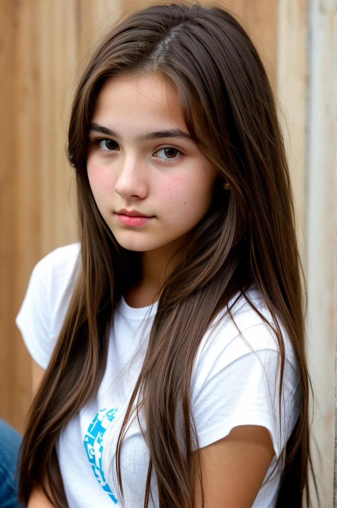 really pretty 18 years old girl. Brown hair. Innocent face. Straight looking to the camera 