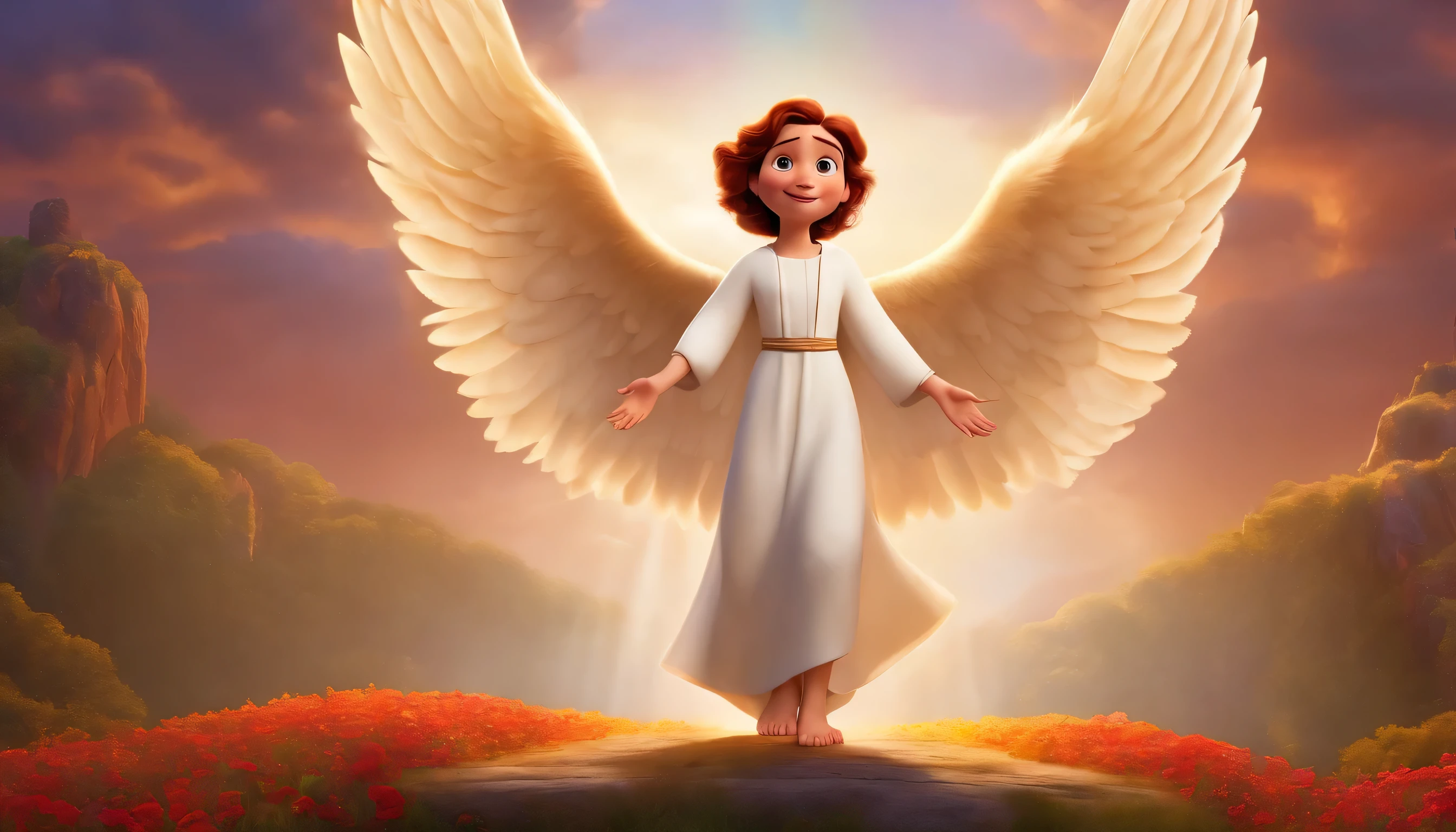 pixar, a great angel of God standing like Bible time, white jumpsuit dress, a very beautiful background,