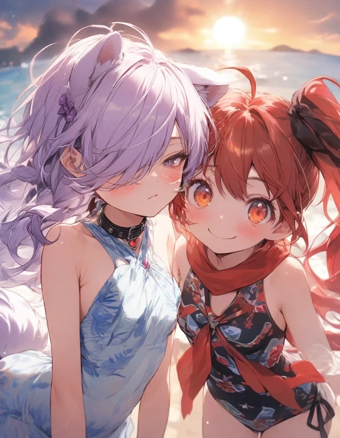 purple ribbon,,,heart_brooch,{masterpiece), best quality, illustration, (1girl), , expressionless,,, (small breasts:1.5).rib, flat chest, ,,(purple hair:1.25),,bags_under_eyes,, (hair over one eye:1.25),,, , jimiko, long hair,big hair, {{shaded face}},, , {shaded face}, ,1girl, wince,,, darkness, dog ears,dog tail, collar,purple swimsuit,pareo,,blush,