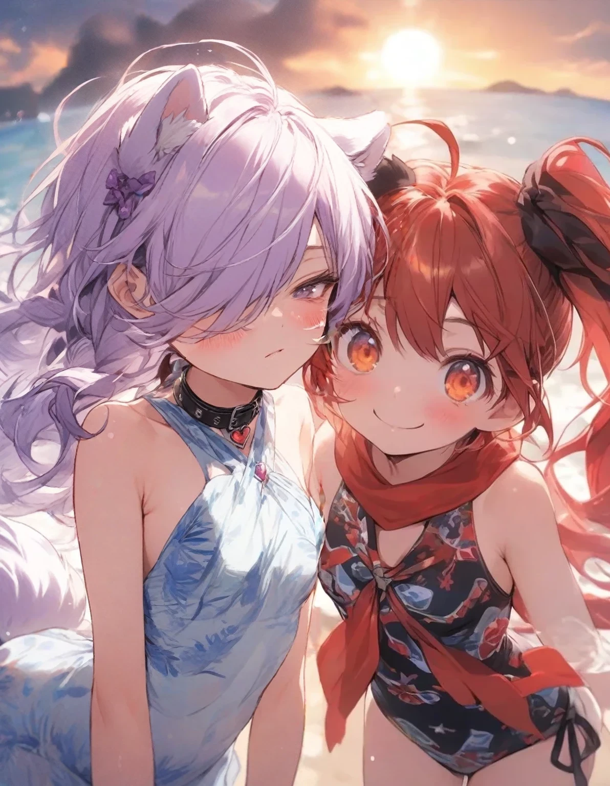 purple ribbon,,,heart_brooch,{masterpiece), best quality, illustration, (1girl), , expressionless,,, (small breasts:1.5).rib, flat chest, ,,(purple hair:1.25),,bags_under_eyes,, (hair over one eye:1.25),,, , jimiko, long hair,big hair, {{shaded face}},, , {shaded face}, ,1girl, wince,,, darkness, dog ears,dog tail, collar,purple swimsuit,pareo,,blush,