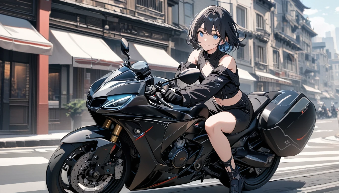 eautiful 1girl, solo, gentle smile on her face flat chest, short hair, black hair, blue eyes, Beautiful depiction, riding a white and black motorcycle in a city