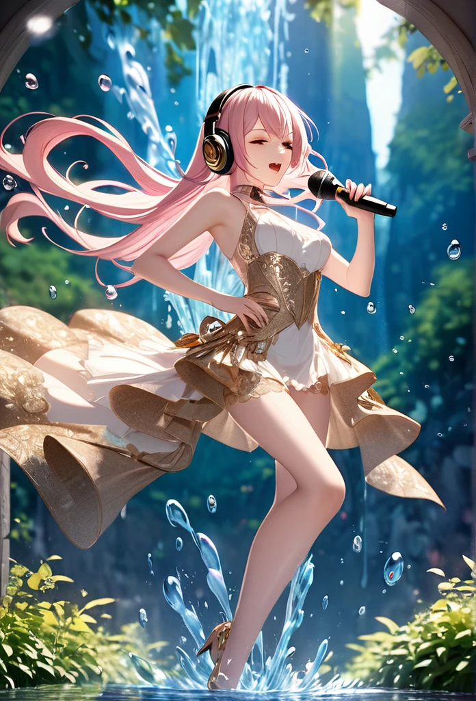 best quality, super fine, 16k, incredibly absurdres, extremely detailed, 2.5D, delicate and dynamic depiction, Megurine Luka, Vocaloid character, cool and stylish headphones, holding Elvis-Mic, attractive and seductive expression, glamorous slender body, singing a grand and majestic ballad against the backdrop of nature, very beautiful effects, (water droplets, gold dust, image processing that makes it look like a stop-motion scene), (motion blur, action blur:0.5)