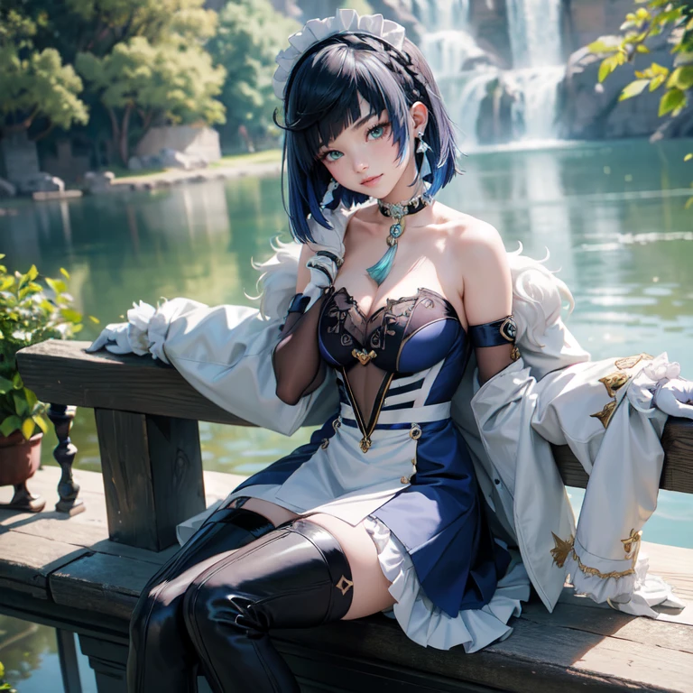 1girl, maid dress, jewelry, navy hair, flowing hair, short hair, white roses, firefly, oriental architecture, maid dress with a short skirt and layers, frills, navy laces, dress with transparency, gold details on her clothes, lake, seat on the water, a garden with lake scenery, more details, perfectly body, perfectly hands, two hands, two legs, two arms, five fingers, glowing hair, solo, alone, best quality, alone, maid headdress, choker, detached sleeves, maid dress, maid dress, strapless, masterpiece, best quality, detailed face, night, asymmetrical gloves, bangs, short skirt , gloves, boots, earrings, elbow gloves, fishnet thigh highs, fish masterpiece, solo, best quality, detailed face, gloves, hair between eyes, jewelry, long hair, looking at viewer, single earring, sky, solo, thigh boots, thigh highs, tongue, tongue out, uneven gloves, sitting