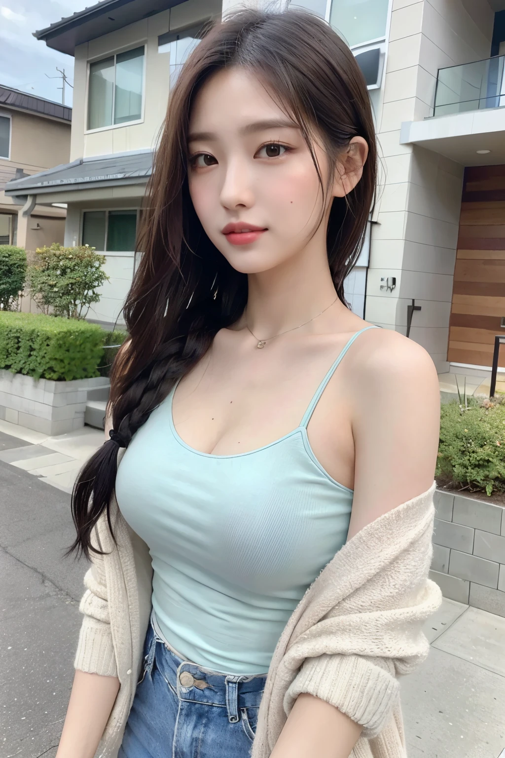 (Realistic, High Resolution: 1.3), 1 Girl with Perfect Body, H1-KEY HWISEO, 45 years old, ((h1-key hwiseo)), ((Tattoos on shoulders and arms)), A young woman wearing a , with braided hair and a cardigan, is walking down a suburban street. She has a cheerful and engaging expression. The background features residential houses and utility poles, with a slightly overcast sky creating a soft and calm atmosphere.